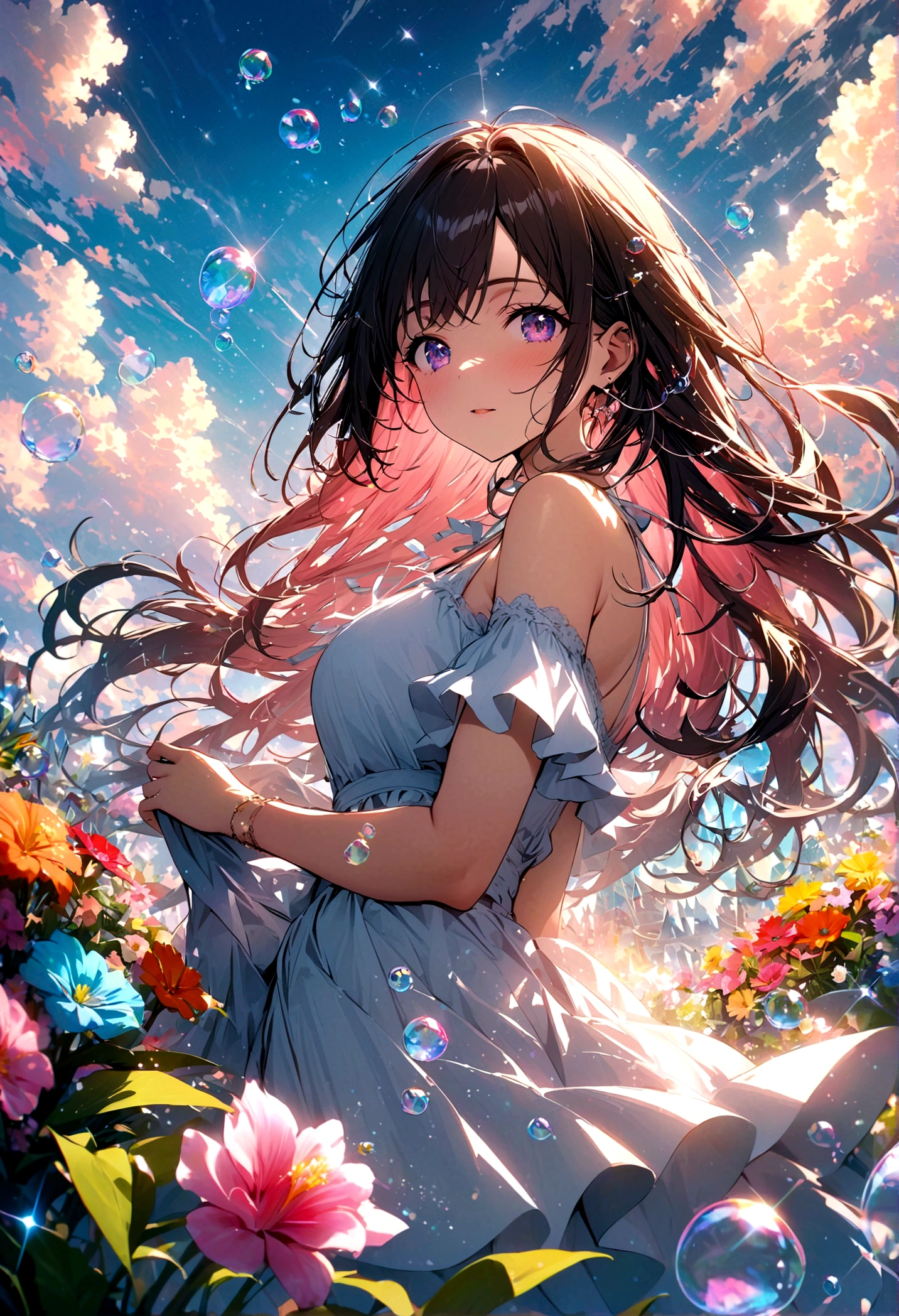 JK,Flowing hair,Beautiful sky, Beautiful clouds, Summer，Colorful flowers, (Crystal clear bubbles sparkle in the sky), masterpiece,high resolution