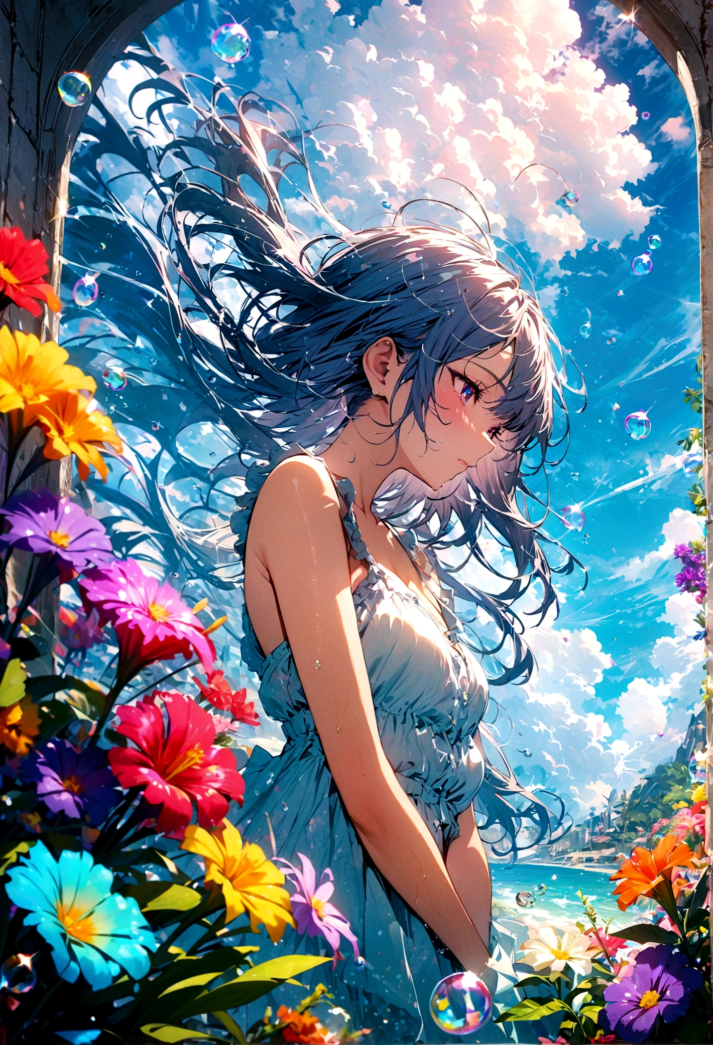 JK,Flowing hair,Beautiful sky, Beautiful clouds, Summer,Colorful flowers, (Crystal clear bubbles sparkle in the sky), masterpiece,high resolution