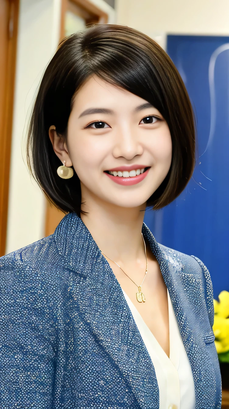 high quality:1.2), RAW Photos, High resolution, Very detailed, Intricate details,、Black Hair、Short Haircut、ear piercing、smile、Emphasis on teeth、, (Front view, ), Clear beauty, Necklace around the neck、,, (High Quality Fabric, Office Lady Suits、Jacket、Unbuttoned white shirt) 、Detailed face, indoor,