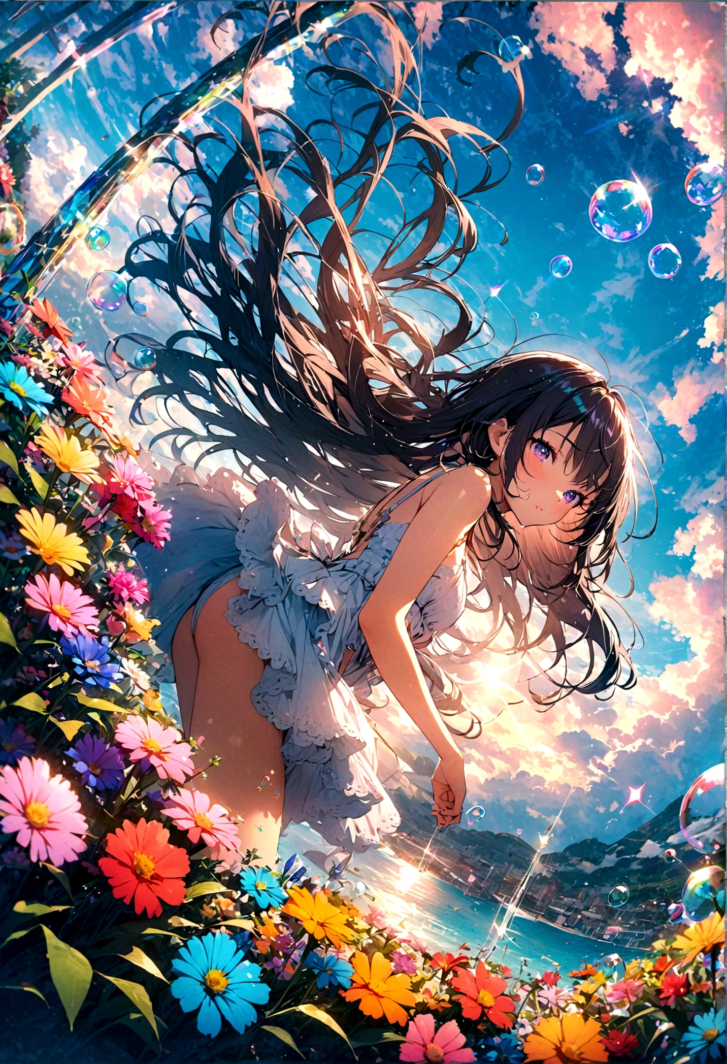 JK,Flowing hair,Beautiful sky, Beautiful clouds, Summer,Colorful flowers, (Crystal clear bubbles sparkle in the sky), masterpiece,high resolution,Wide-angle lens