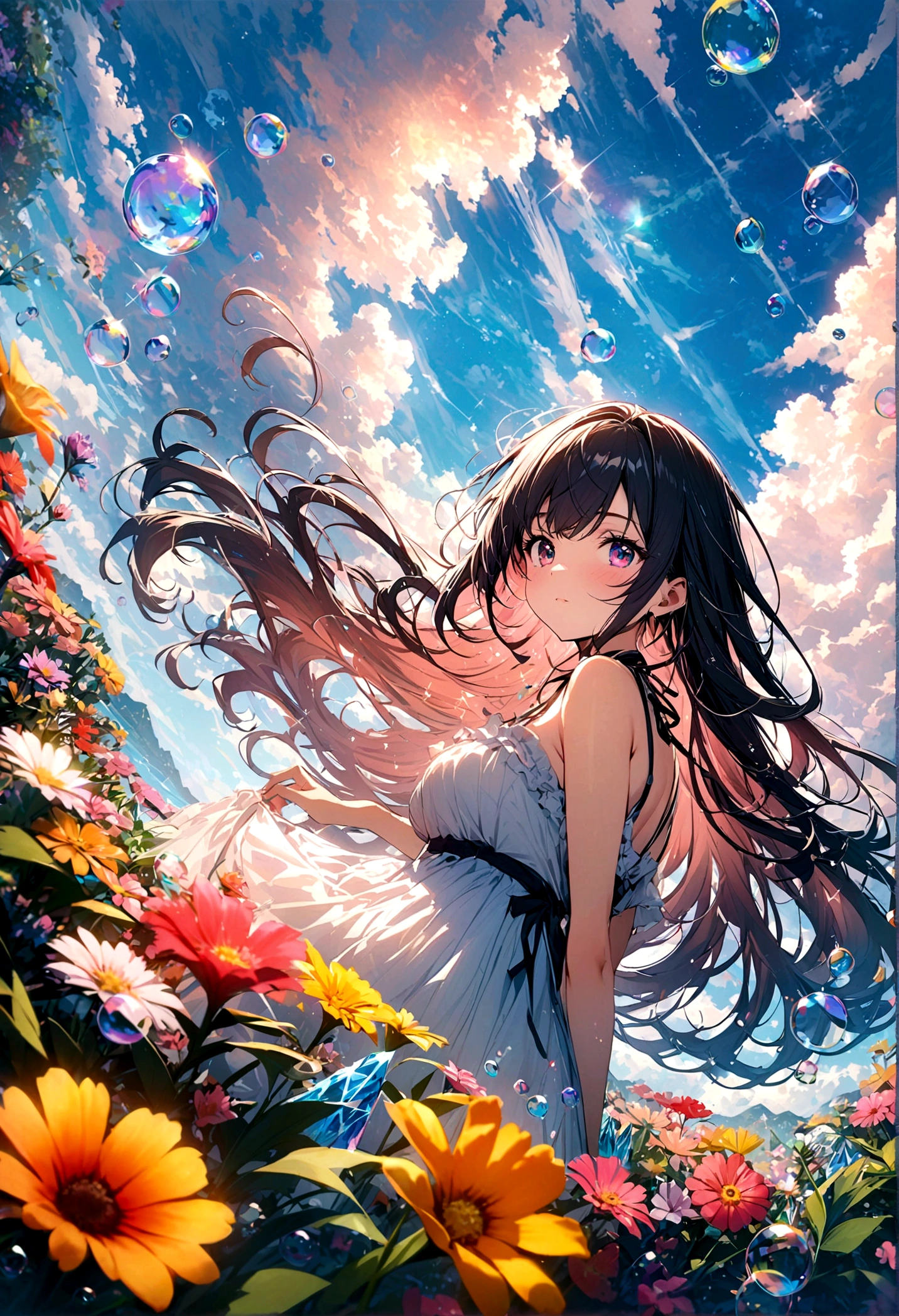 JK,Flowing hair,Beautiful sky, Beautiful clouds, Summer，Colorful flowers, (Crystal clear bubbles sparkle in the sky), masterpiece,high resolution,Wide-angle lens