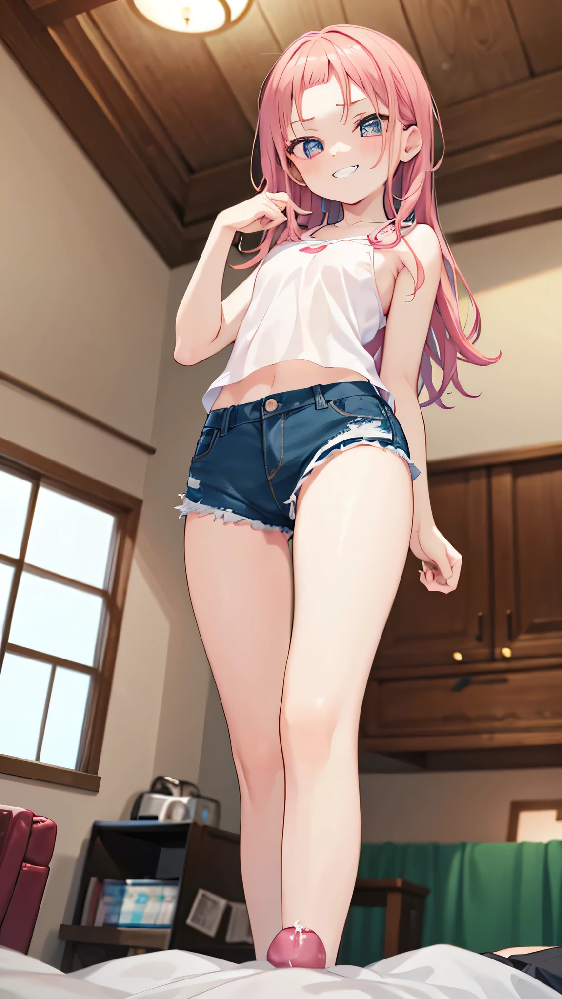(In the living room)、1girl, (Younger sister kicking)、from the front、Angle from below、(Young face)、(Forehead)、(ポニーテール)、Super long Hair、((seductive grin)), ((high kicking)),
panties, I have money in my hand、Camisole、Jersey shorts、(1boy), (((penis))), (((eject cum))), The boy collapses under his younger sister and ejaculates from his penis、(The boy had a fight with the younger sister and lost to her.)、In the background, my mother is in the kitchen.、younger sister「Weak... Aniki who lost to younger sister and got a hard dick lol... Pervert masochist lol」