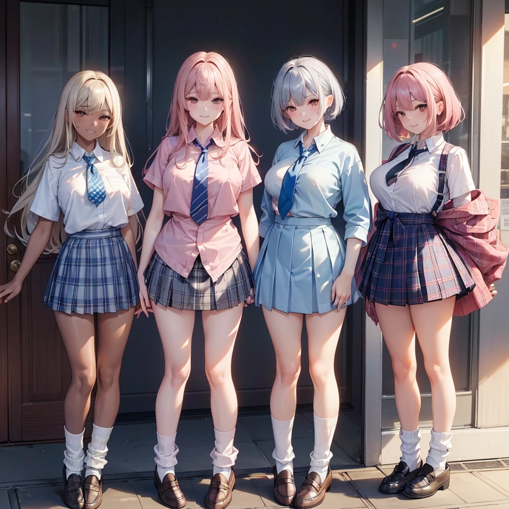 (Three young and beautiful Japanese women), nsfw, Detailed Background, (((独奏))), ((Excellent anatomy: 1.2)), (The first one is blonde, long hair, Big Breasts, dark skin), (The second one has silver hair, short hair, Big Breasts, dark skin), (The third person has pink hair, Bobcut, Small breasts), (((All three are wearing short-sleeved white shirts, Blue short tie, Checkered mini skirt,loose socks, loafers))), Standing outdoors, grin, Hand position is random, Beautiful thighs