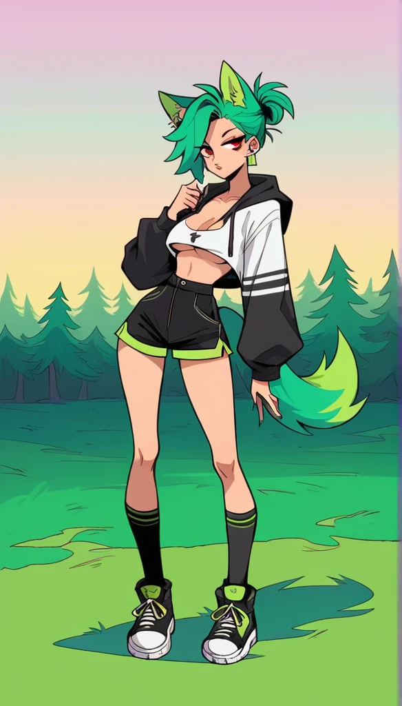, Croped, , cleavage, slim waist, cropped hoodie underboob, cropped hoodieunderboobhoodie, 1girl, 2 wolf ears, wolf tail, marijuana crop hoodie, crop shorts, marijuana hoodie, spiky hair, spiky fur, green hair, red eyes,marijuana field, tight clothes, perfect eyes, perfect hands, clear resolution, full body, cleavage skin, marijuana plants, open hoodie, marijuana scenery, black thigh high socks, full body, earrings, 1girl, skirt, cleavage, slim waist, cleavage, slim waist, hair pulled back,