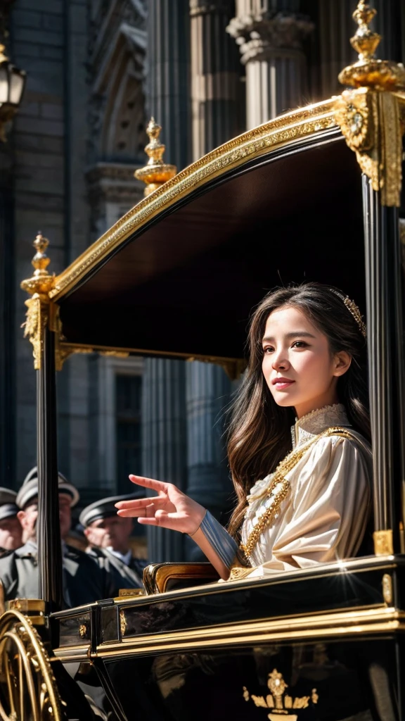 a woman in a carriage, waving to the crowd, guarded by soldiers in uniform, royal carriage, crowd, soldiers, detailed ornate carriage, lavish decoration, golden accents, elegant woman, beautiful detailed face, long flowing hair, warm smile, regal posture, waving hand, admiring crowd, uniformed guards, protective stance, historical setting, grand architecture, overcast sky, rich color palette, dramatic lighting, photorealistic, masterpiece, cinematic angle, ultra-detailed