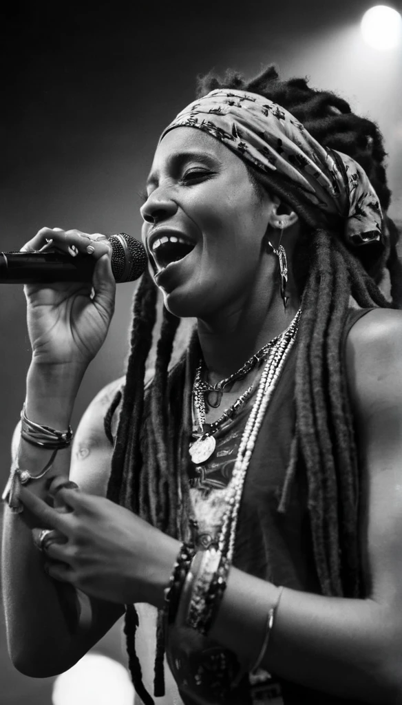 Low angle shot, Close up of a beautiful jamaican girl with long dreadlocks, a bandana, a sunglasses over her bandana, and rasta accessories, singing on a stage, night club, foggy, black and white with cinematic lighting 