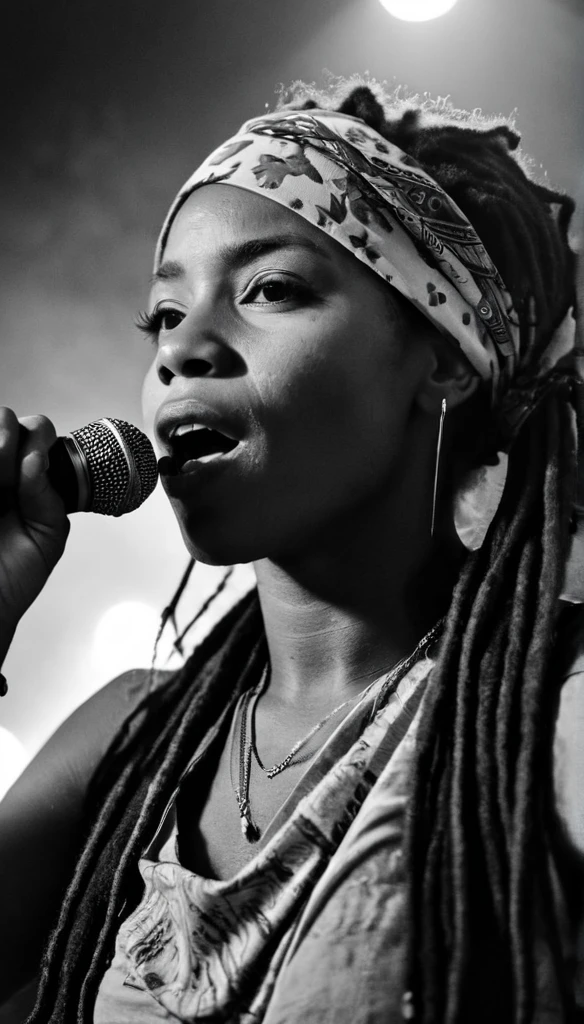 Low angle shot, Close up of a beautiful jamaican girl with long dreadlocks, a bandana, a sunglasses over her bandana, and rasta accessories, singing on a stage, night club, foggy, black and white with cinematic lighting 