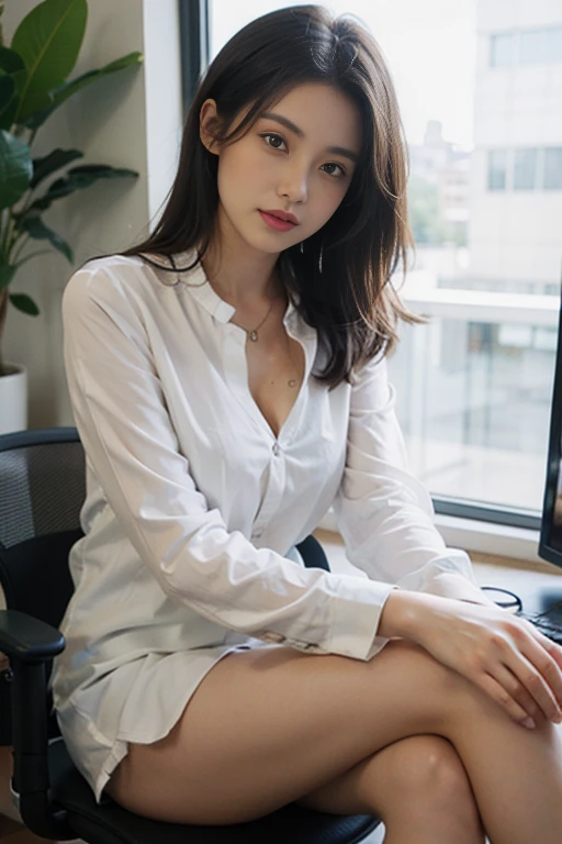 1 girl sitting on an office chair，,(European model:1.3),31 years old,Exquisite,Business women&#39;s clothing,(jacket:1.1),(shirt:1.1),(Wrap Dress:1.1),Jewelry,knitwear,stocking,black，Goosebumps,goose，（Honesty：1.3），Filigree，quality，（masterpiece：1.2），（Honesty：1.2），（Best quality），（Skin detailed：1.3），（Intricate details），drama，Ray Tracing，Light Solution，Bathed in shadows，Visual novel，Boss&#39;s office in a skyscraper，Windows with city views，Film Grain，Depth of Field