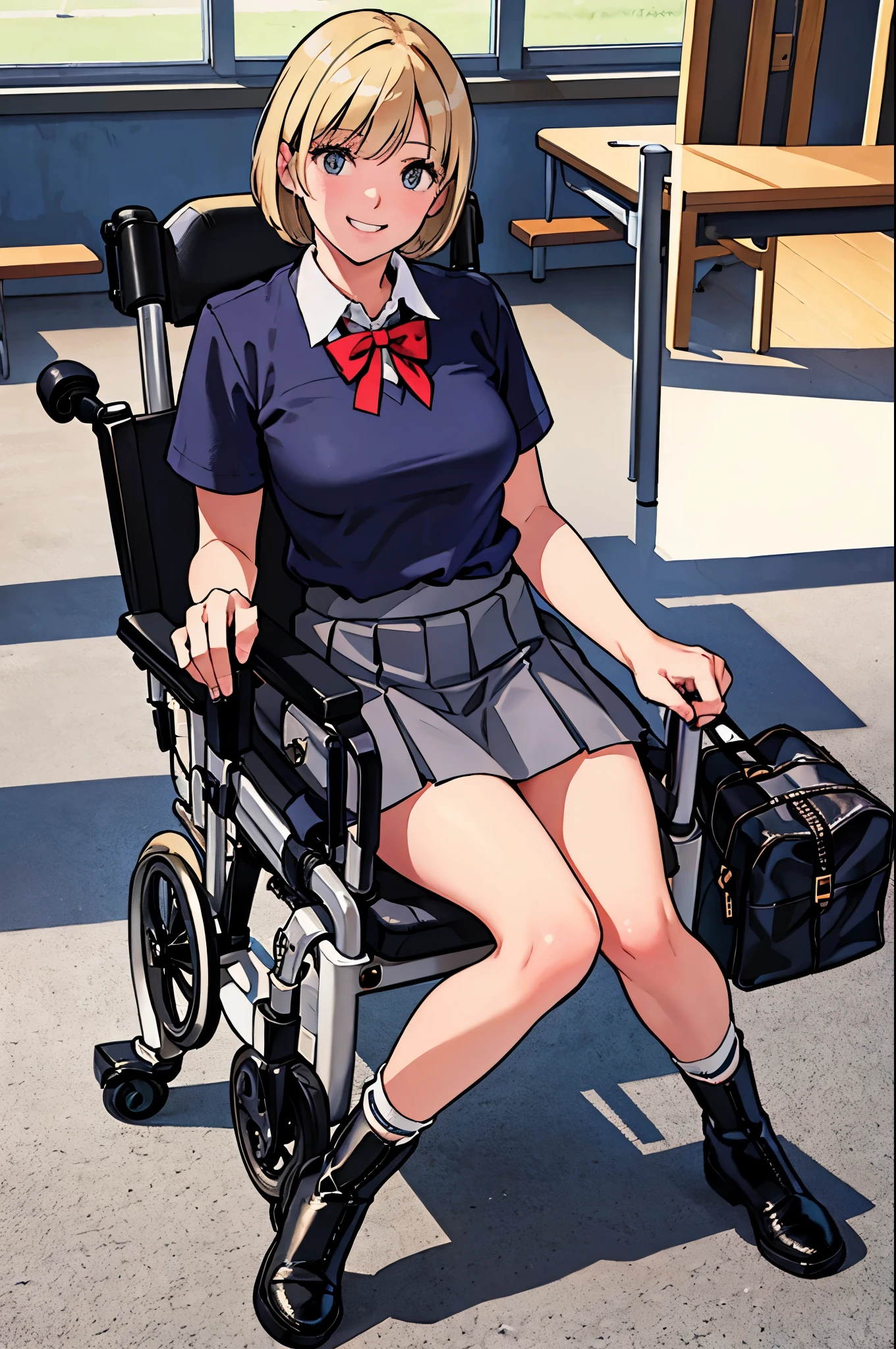 (highest quality,4K,8K,High resolution,table top:1.2), Super detailed, (realistic,photorealistic,photo-realistic:1.37),inside the school,inside the classroom,one  girl,blonde short bob hair,grin,grin,she’s disabled,she’s wheelchair user,she’s wheelchair user,her legs are very thin,ribbons,blouse,skirts,socks,boots,she has crutches,there is school bag on her knee.