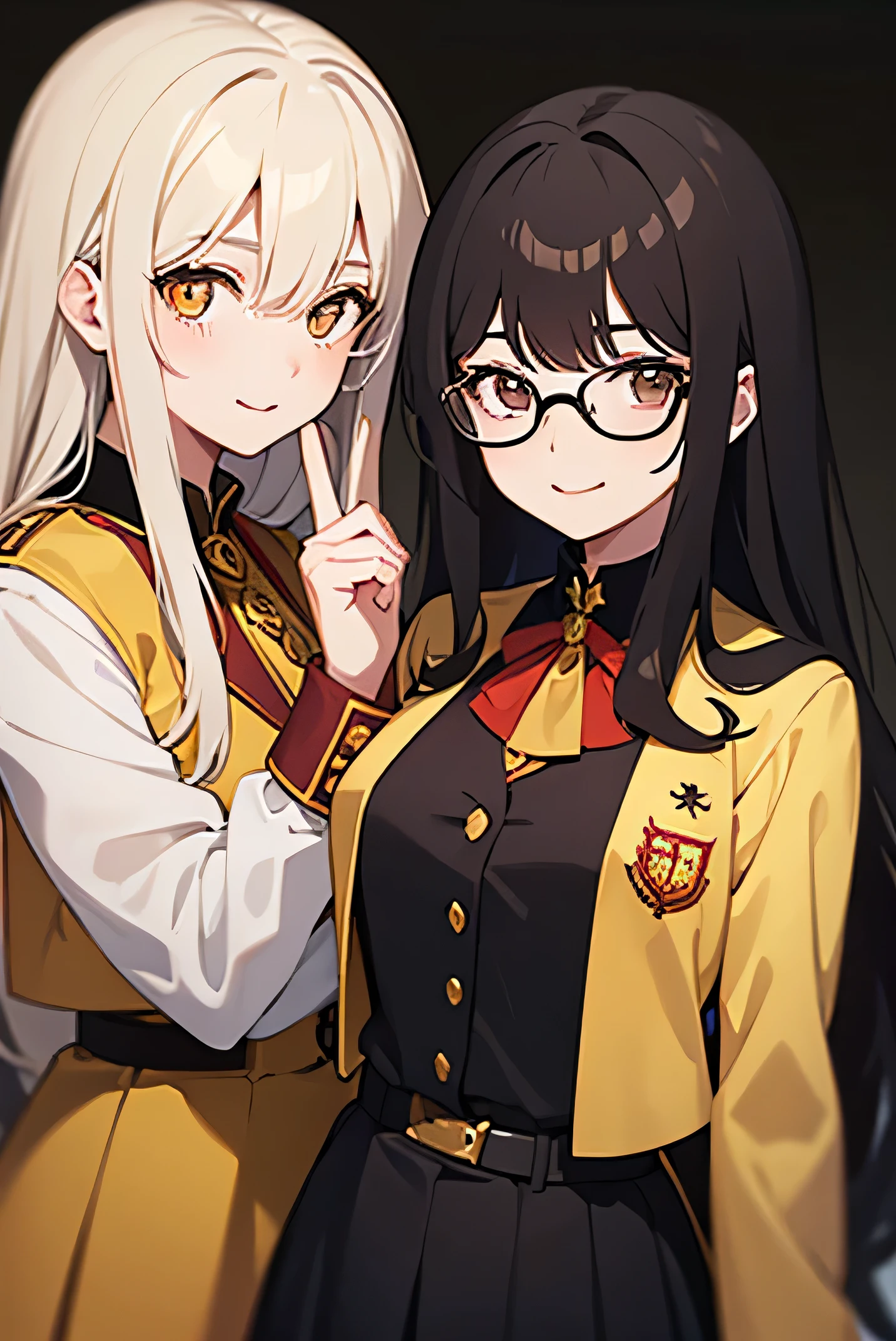 Two girls friends 1) Gryffindor uniform long black hair, Light brown eyes, gold glasses.
2) uniforme hufflepuff, white eyes, long white hair smiling