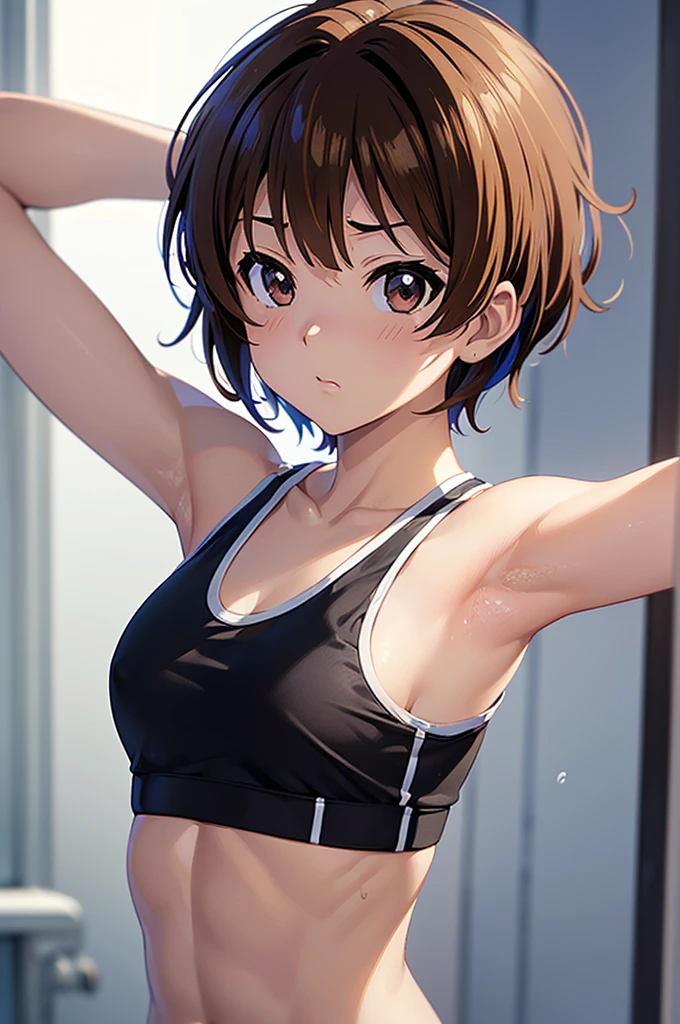 masterpiece, best quality, ultra detailed, ultra high resolution, very detailed face, solo, (((kyoani anime style))), top down angle, 20 years old girl, slim, (((sports bra, sleeveless))), ((upper body only, warming up, up arms, armpit))), ((black short hair)), (((tiny breast))), (six pack abs:1.2), serious face, in the changing room