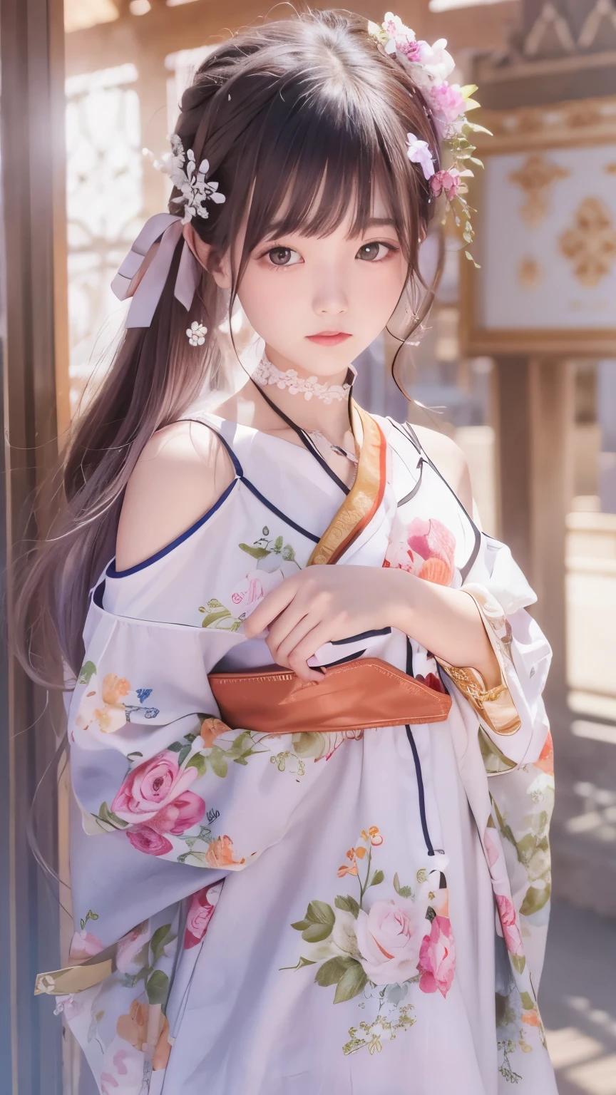 There&#39;s a cartoon girl in a dress, China dress, hanbok apron, Chinese Costume, Chinese traditional clothing, Close-up - view, hanbok, wearing ancient Chinese Costume, with ancient Chinese Costume, palace, Girl in Hanfu, White Hanfu, China dress, Kitten with pink flowers, Shadow Room, Light Edge, Two-tone lighting, (Skin with attention to detail: 1.2), 8K Ultra HD, Digital SLR, Soft Light, high quality, Volumetric lighting, Sneak a peek, photograph, High resolution, 4K, 8K, Background blur  