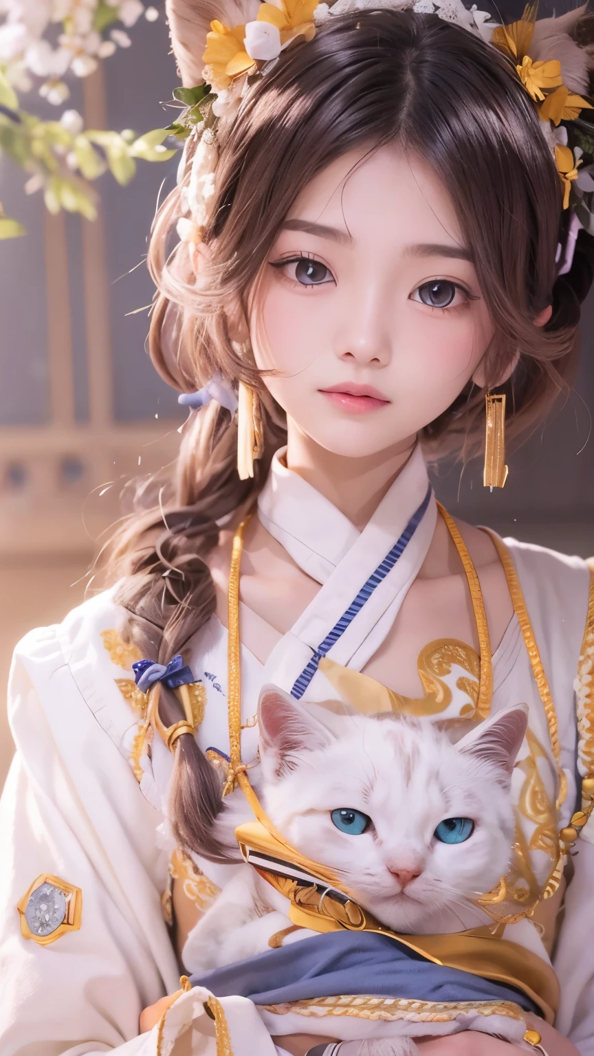 There&#39;s a cartoon girl in a dress, China dress, hanbok apron, Chinese Costume, Chinese traditional clothing, Close-up - view, hanbok, wearing ancient Chinese Costume, with ancient Chinese Costume, palace, Girl in Hanfu, White Hanfu, China dress, Kitten with pink flowers, Shadow Room, Light Edge, Two-tone lighting, (Skin with attention to detail: 1.2), 8K Ultra HD, Digital SLR, Soft Light, high quality, Volumetric lighting, Sneak a peek, photograph, High resolution, 4K, 8K, Background blur  