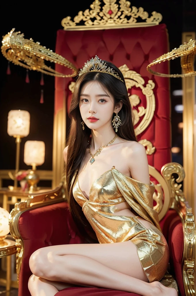 (((best quality))),(((ultra detailed))),(((masterpiece))),illustration,1 girl,solo,slim,thin,shoulder length straight bob hair,earrings,necklace,small breasts,flat chest,slender legs,high heels,Asian appearance,princess,royal,Chinese palace,night scene,magnificent dragon robe,golden crown,intricate embroidery,luxurious fabric,precious stones,(sitting on the metallic throne:1.3),(arms behind back:1.3),decorative patterns,rich decorations,luxurious furnishings,regal charm,beautiful face,gentle smile,bright eyes,historical,traditional,city lights,modernity,frozen moment,beauty of the past,evolution of time,(from front:1.3),(spread legs apart:1.3),(upper body:1.2)