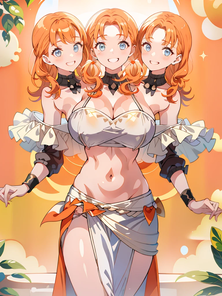 (masterpiece, best quality), best resolution, (3heads:1.5), 1girl, orange hair, long flowing hair, smiling, grinning, open belly, white-orange crop top, white miniskirt, open breasts, huge tits, curls, sexy pose
