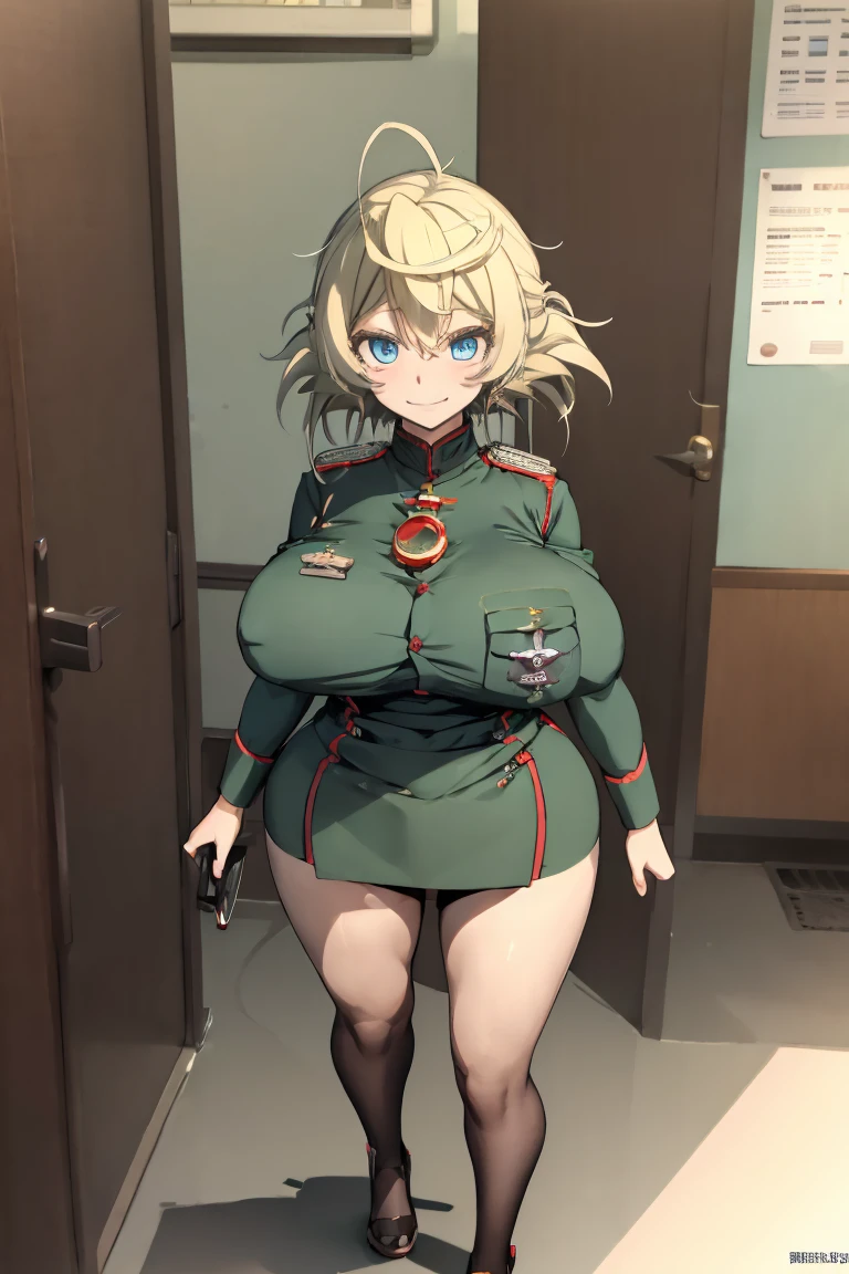 tanya degurechaff full-body shot Super Extra large breasts breast enlargement looking at camera smiling blushing shy uniform