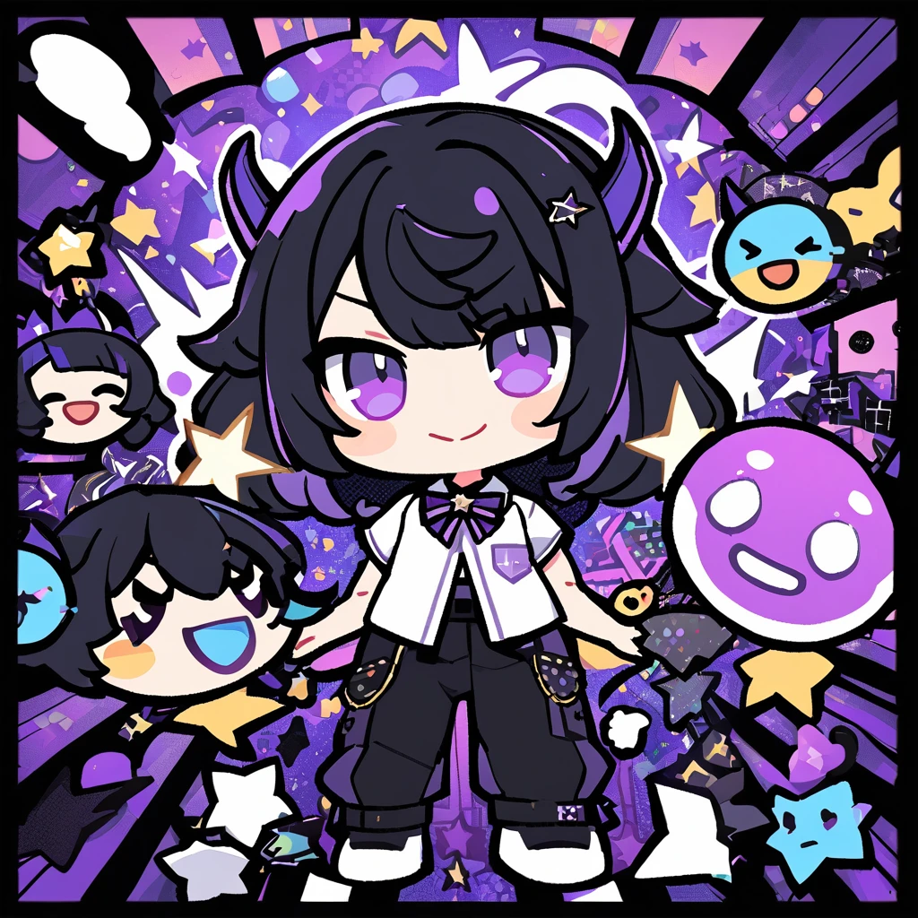 A girl with long black hair with straight bangs, with hair cut at the ends. Two large strands in the front, one bigger than the other. A rebel thread. A small white streak in your bangs. Two demon horns, one purple and one black, both with a dark purple star. one black eye and one purple eye. A purple star on your right cheek. black wide pants. All star shoe. Full white shirt with a bow tie with a star in the middle, with short sleeves. a big chest . Grinning. She is a star demon. She is standing looking at the camera. In one of his eyes a star in the black eye case, in the black eye and just black. Sex girl. Sex girl. One black eye and one purple eye. In Twitch emoji style. I want at least 3 different EMOJIS.