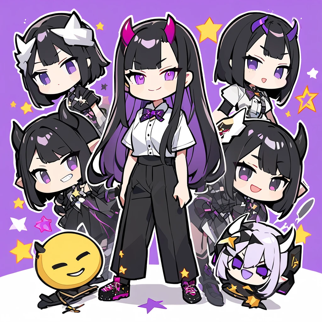 A girl with long black hair with straight bangs, with hair cut at the ends. Two large strands in the front, one bigger than the other. A rebel thread. A small white streak in your bangs. Two demon horns, one purple and one black, both with a dark purple star. one black eye and one purple eye. A purple star on your right cheek. black wide pants. All star shoe. Full white shirt with a bow tie with a star in the middle, with short sleeves. a big chest . Grinning. She is a star demon. She is standing looking at the camera. In one of his eyes a star in the black eye case, in the black eye and just black. Sex girl. Sex girl. One black eye and one purple eye. In Twitch emoji style. I want at least 3 different EMOJIS.