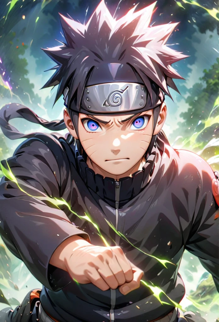 Symetrical,absurdres, highres, ultra detailed, HDR, masterpiece, extremely detailed face and electric in eyes, Naruto ,,, , solo, man, handsome, ,, , Epic fight scene, purple green water effect, purple and green lightning effect,glowing glitters