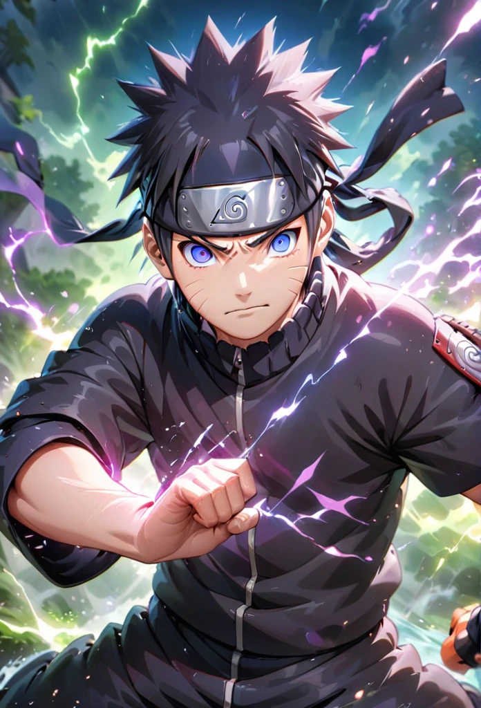 Symetrical,absurdres, highres, ultra detailed, HDR, masterpiece, extremely detailed face and electric in eyes, Naruto ,,,  , solo, man, handsome, ,, , Epic fight scene, purple green water effect, purple and green lightning effect,glowing glitters