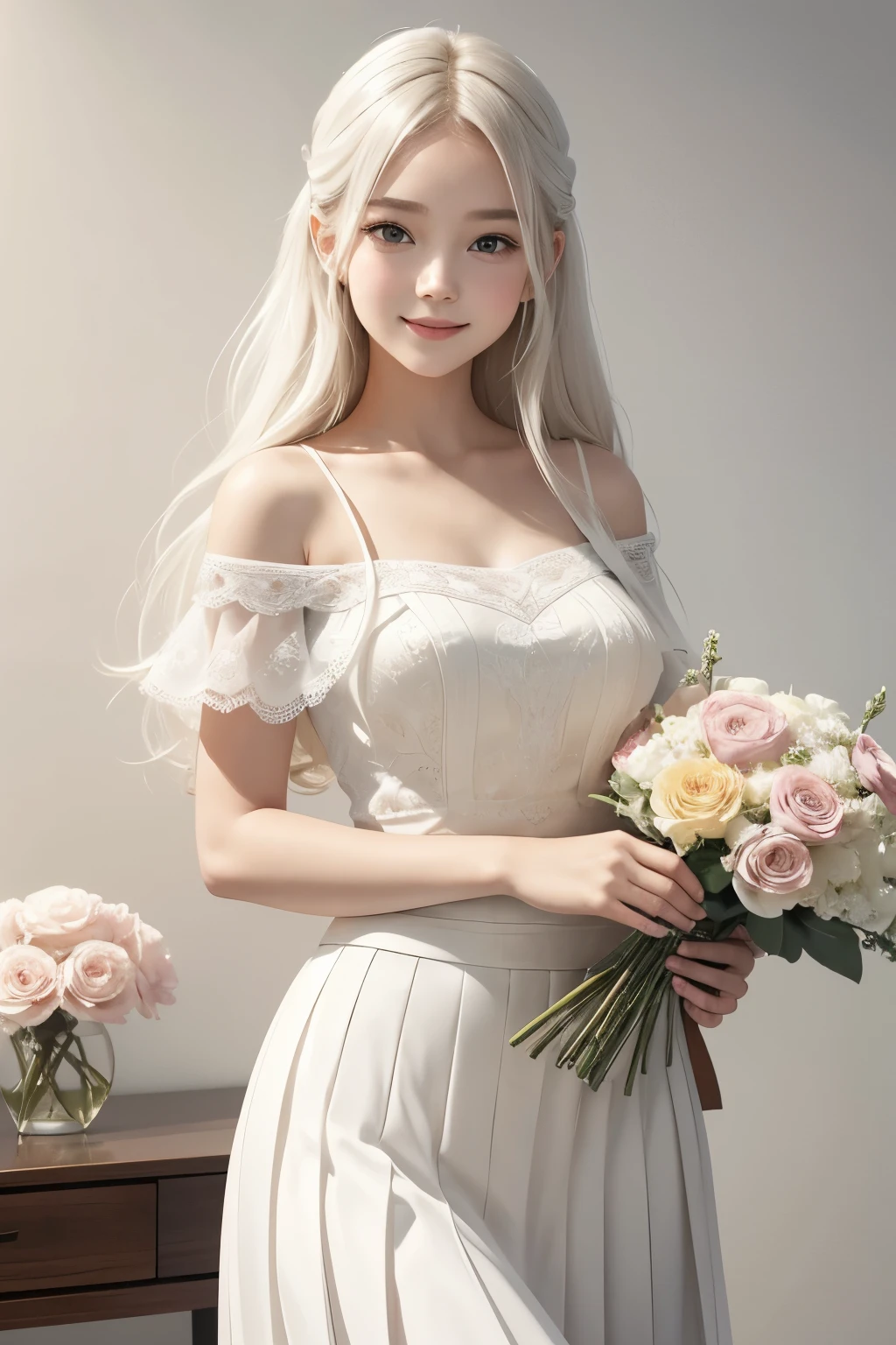 A captivating visual representation of a young girl, her radiant face adorned with a captivating smile and holding a bouquet of vibrant, blooming flowers. She wears a pristine white pleated skirt that cascades gracefully, accentuating her slender figure. Her long, flowing white hair gently frames her face, catching the light in soft, delicate waves.
This harmonious scene takes place against a clean and minimalistic white background, enhancing the detailed depiction of the young girl's features. The bubble matte style and clay material used to create this work lend it an artistic and elegant charm. The strong depth and perspective add a three-dimensional feel, giving the