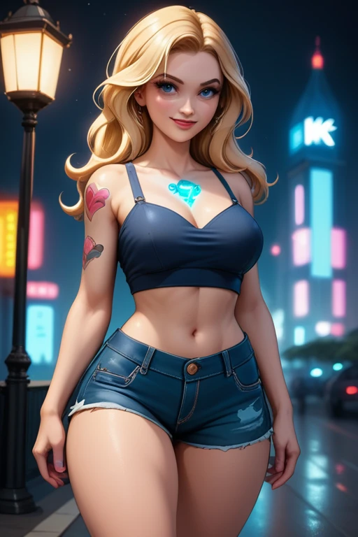 tall woman(blue eyes; long wavy blonde hair; big breasts; pale skin tone; glowing LED heart tattoos; soft-features; feminine figure), Disney-style cgi, walking through the park with a sultry smile; sunny day in the park; futuristic; dystopian; cyberpunk; best quality; trending on artstation; complex volumetric lighting; wearing jean-shorts.