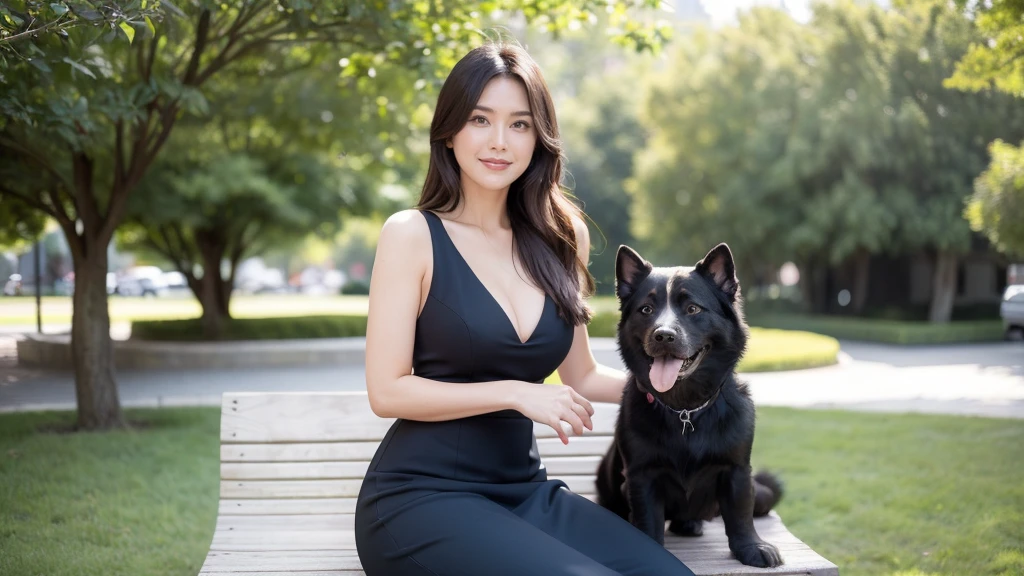 最high quality, In 8K, Masseter region, Vibrant, Sharp focus, high quality, High resolution, Detailed face, fine grain, Thick lips, (Looking at the audience), alone, Beautiful woman, 38 years old, Japanese women, （Short black hair:1.4）, Cleavage, Lunch break、Large city park、Green Grass、（sitting on a park bench:1.3）、（Full body photo:1）、（navy blue formal dress:1.5）、（Knee length dresses:1.5）、（Black pumps:1.5）、（Red lipstick:1）、（smile:1.3）、（Standard body type）、（D cup breasts）