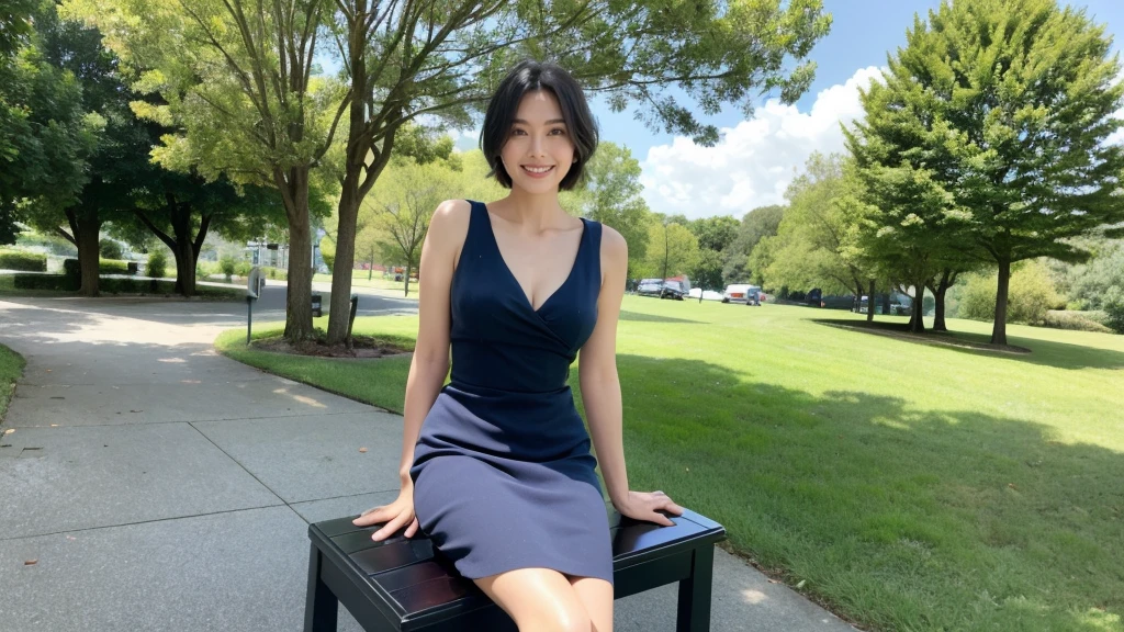 最high quality, In 8K, Masseter region, Vibrant, Sharp focus, high quality, High resolution, Detailed face, fine grain, Thick lips, (Looking at the audience), alone, Beautiful woman, 38 years old, Japanese women, (Short black hair:1.4), Cleavage, Lunch break、Large city park、Green Grass、(sitting on a park bench:1.3)、(Full body photo:1)、(navy blue formal dress:1.5)、(Knee length dresses:1.5)、(Black pumps:1.5)、(Red lipstick:1)、(smile:1.3)、(Standard body type)、(D cup breasts)