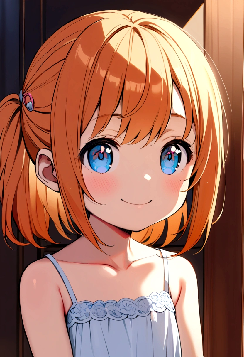 6 year old girl, orange hair, shoulder length ponytail, pink clip, dark blue eyes, light blue spaghetti strap dress, white t-shirt inside. smiling