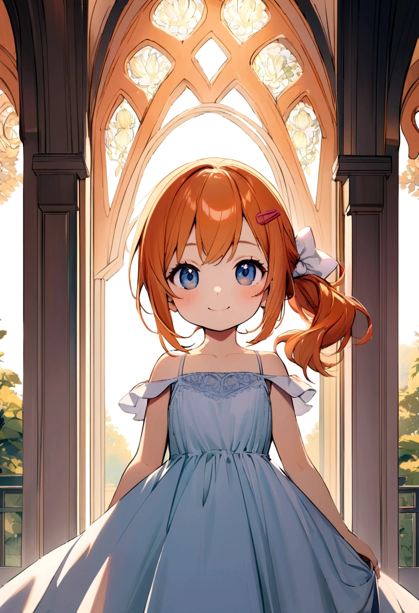 6  girl, orange hair, shoulder length ponytail, pink clip, dark blue eyes, light blue spaghetti strap dress, white t-shirt inside. smiling