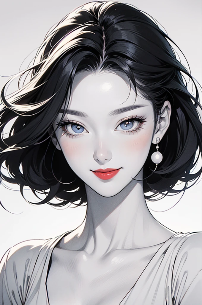 ((Manga illustration)), ((bond girl)) close up portrait ,solo , medium short hair,  looking at viewer, blush , smile , happy , red lipstick,close up portrait, solo, focus on eyes, plain background, (in vector style), ((monochrome Manga drawing))