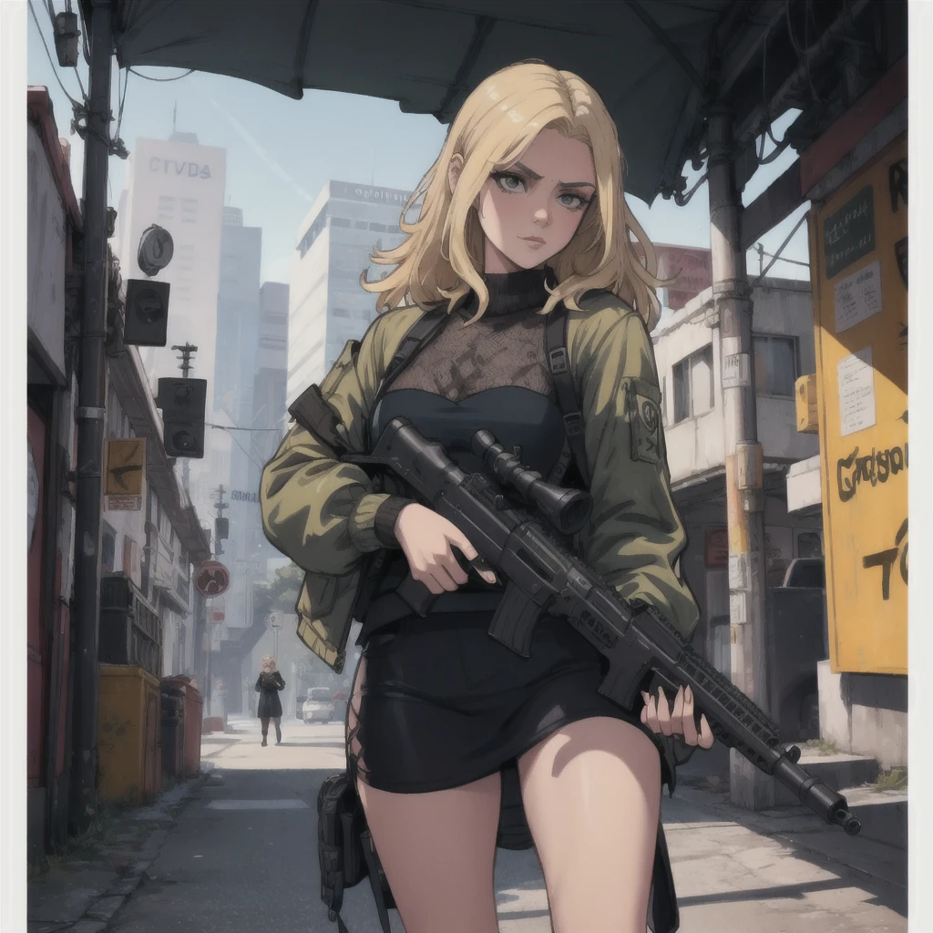 a beautiful detailed blonde girl holding a gun and shooting, GTA5 character, cinematographic composition, City
