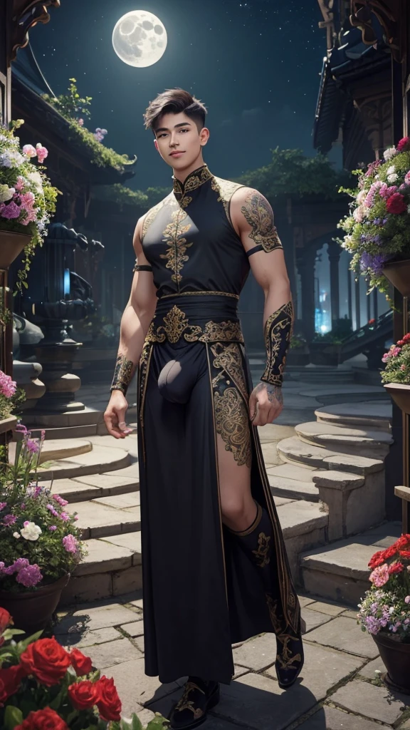 (masterpiece), best quality, expressive eyes, perfect face,young man having long legs thick thighs large hips thin and narrow weist wearing, very long dress, dragon embroidery, moon night garden flowers, very small spikey boyish haircut, boy , boy, wide hips, very wide hips, muscular body, , tugged in, very very wide hips, huge large penis_bulge, smile, big large, very wide hips, very very wide hips, boy, full body, wide very wide hips