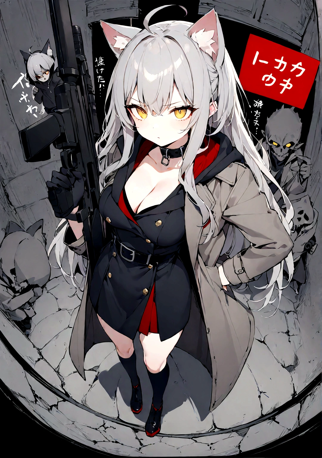 (masterpiece, best quality:1.2), 1girl, 独奏,Black military uniform、Gray cat ears、Point your gun at us、Grey long hair、Ahoge、Yellow Eyes、Grey trench coat、Gray cat ears、I took off my hoodie and put it on my shoulder、Ready your gun?、sniper rifle、Background of military bases、Fisheye Lens、battlefield、Shadows of light and darkness、Expressionless、Grim face、battle、Gray trench coat、Black knee socks、Cleavage、Black collar、Carrying a black hoodie、Flapping black zip hoodie