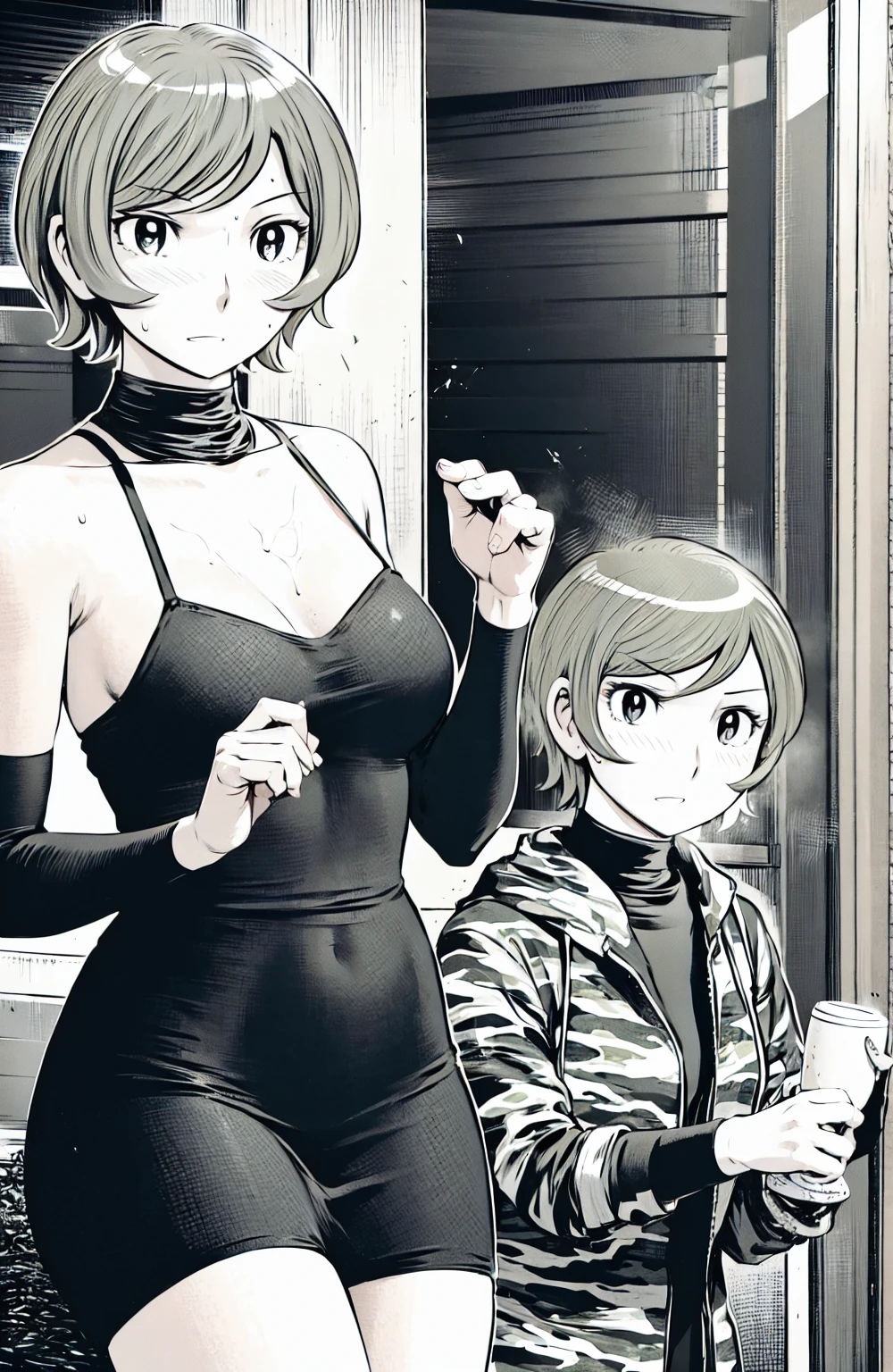 、(masterpiece、Highest quality)、Highest quality, Ultra-high resolution, (((masterpiece))), alone, Sweat、Big eyes, No sleeve、Outdoor、Floral dress、Composition from the front、(Cut the back hair short、short hair、blonde、woman)、Shortcuts、Embarrassed face、Cut your hair short、可愛いwomanの子、Big Breasts