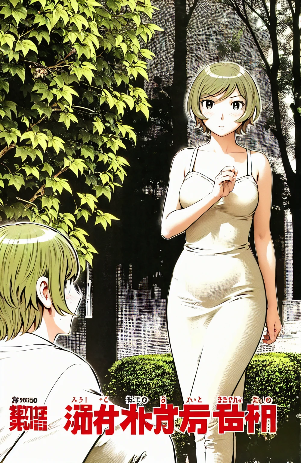 、(masterpiece、Highest quality)、Highest quality, Ultra-high resolution, (((masterpiece))), alone, Sweat、Big eyes, No sleeve、Outdoor、Floral dress、Composition from the front、(Cut the back hair short、short hair、blonde、woman)、Shortcuts、Embarrassed face、Cut your hair short、可愛いwomanの子、Big Breasts