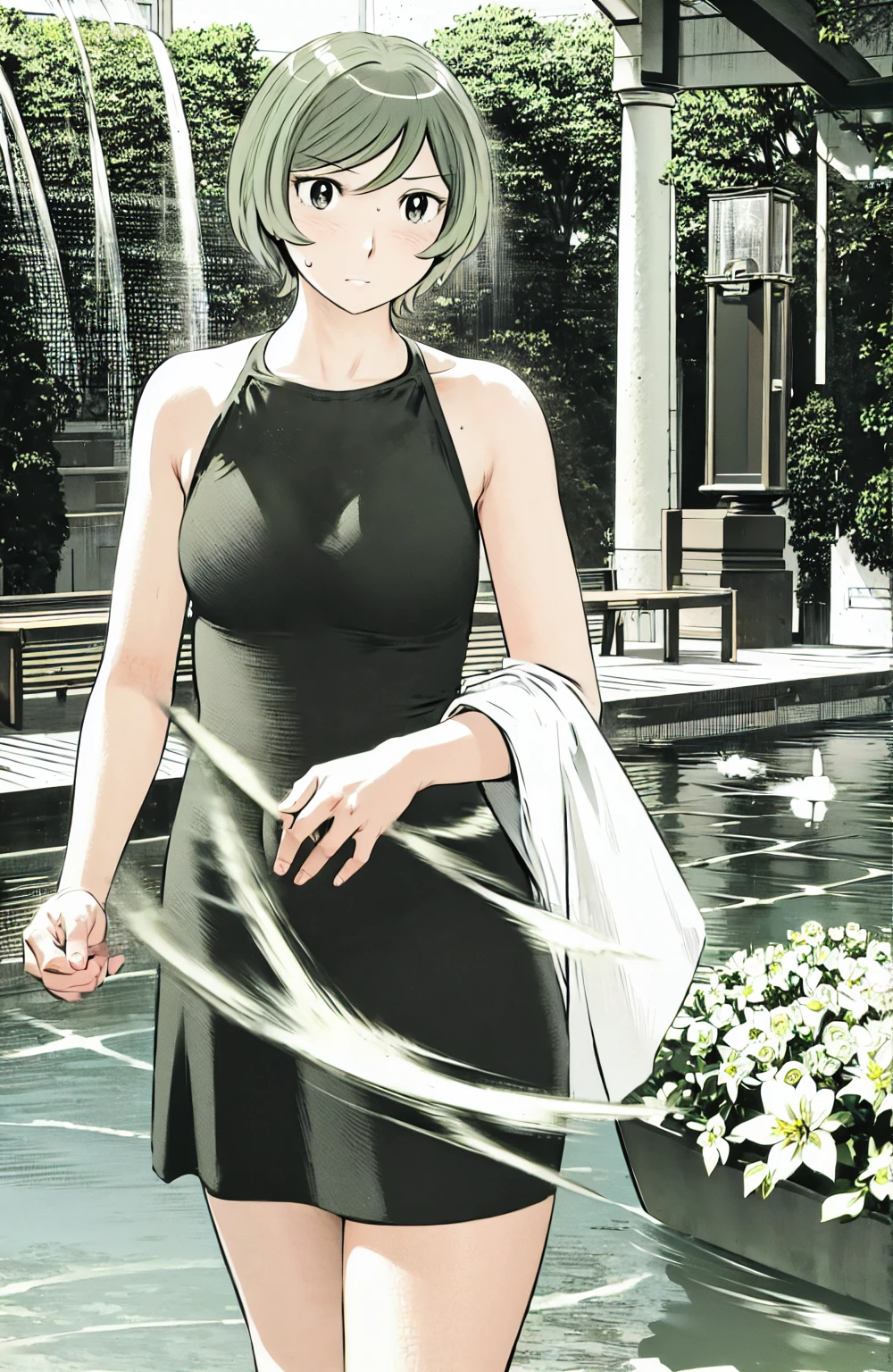 、(masterpiece、Highest quality)、Highest quality, Ultra-high resolution, (((masterpiece))), alone, Sweat、Big eyes, No sleeve、Outdoor、Floral dress、Composition from the front、(Cut the back hair short、short hair、blonde、woman)、Shortcuts、Embarrassed face、Cut your hair short、可愛いwomanの子、Big Breasts