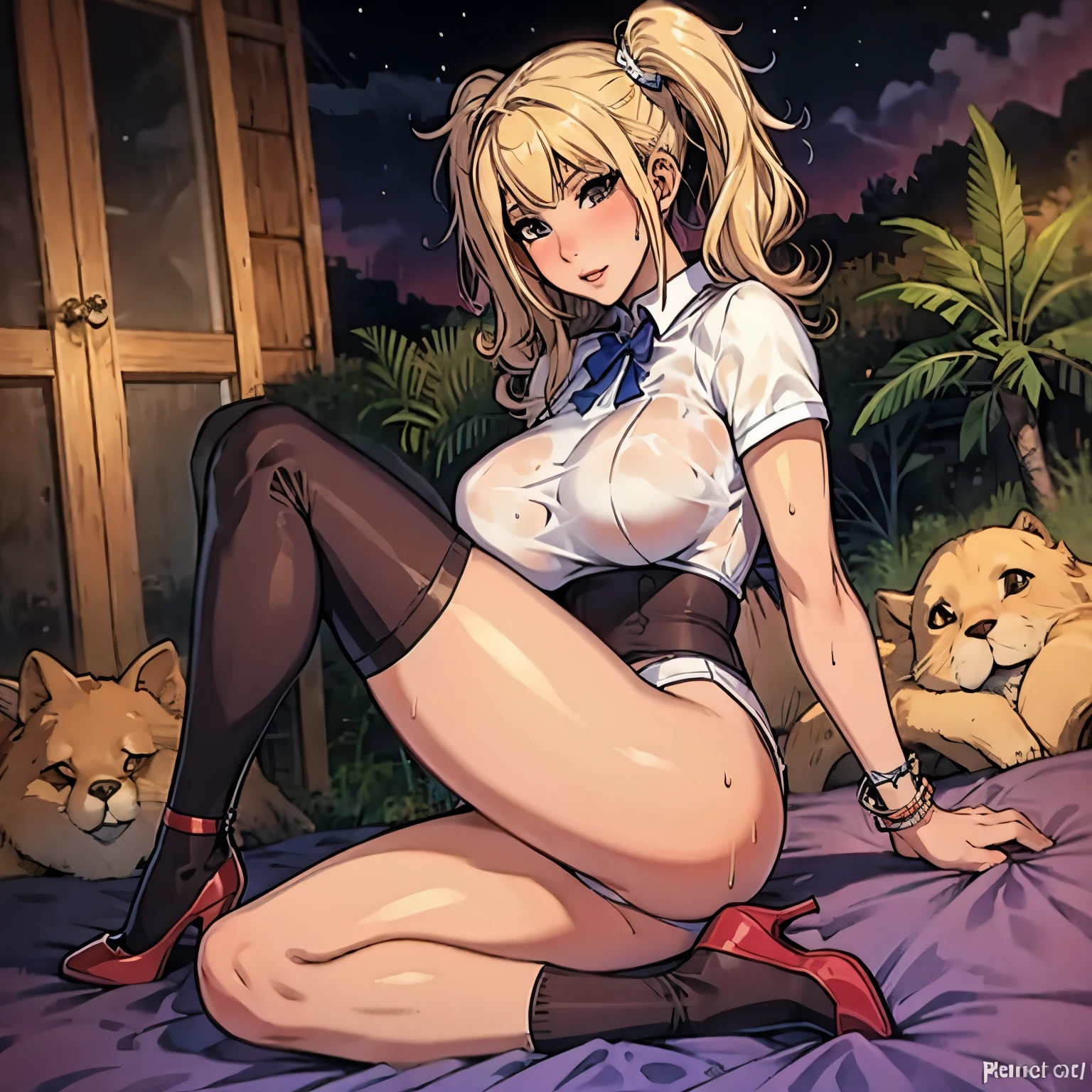 1 girl, pelo rubio, blonde hair, coletas,pigtails, pechos, breasts, huge breasts, uniforme colegiala, calcentines, socks, tacones, hig heels, jungle, jungla night, noche, wet,Kenzy Reeves