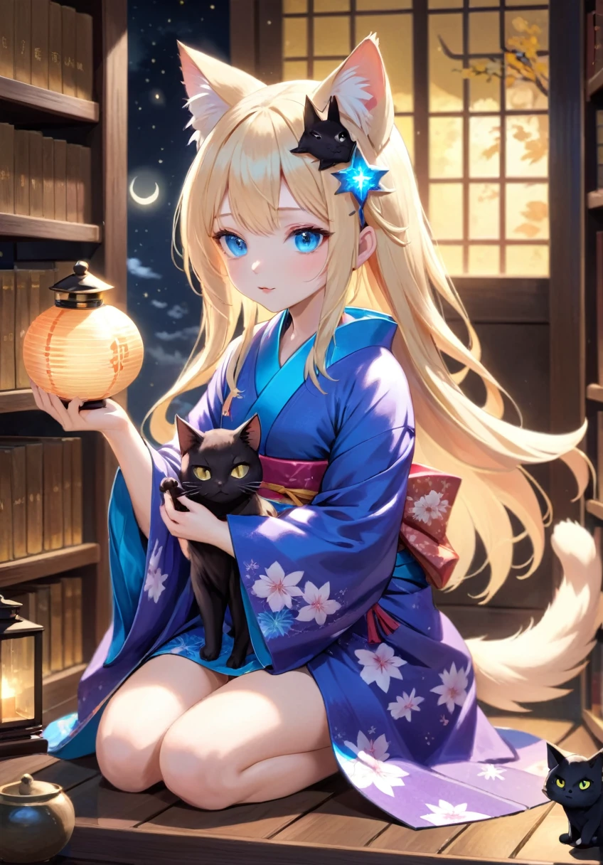 highres,best quality,wizard, 1 girl, illuminated by the moonlight, with her black cat familiar, Fantastically lit library, invoking magic, best quality, newest, absurdres, 1girl, animal ear fluff, animal, animal on head, blonde hair, blue eyes, blush, cat, closed mouth, food, holding, holding food, japanese clothes, kimono, long hair, looking at viewer, sitting, solo