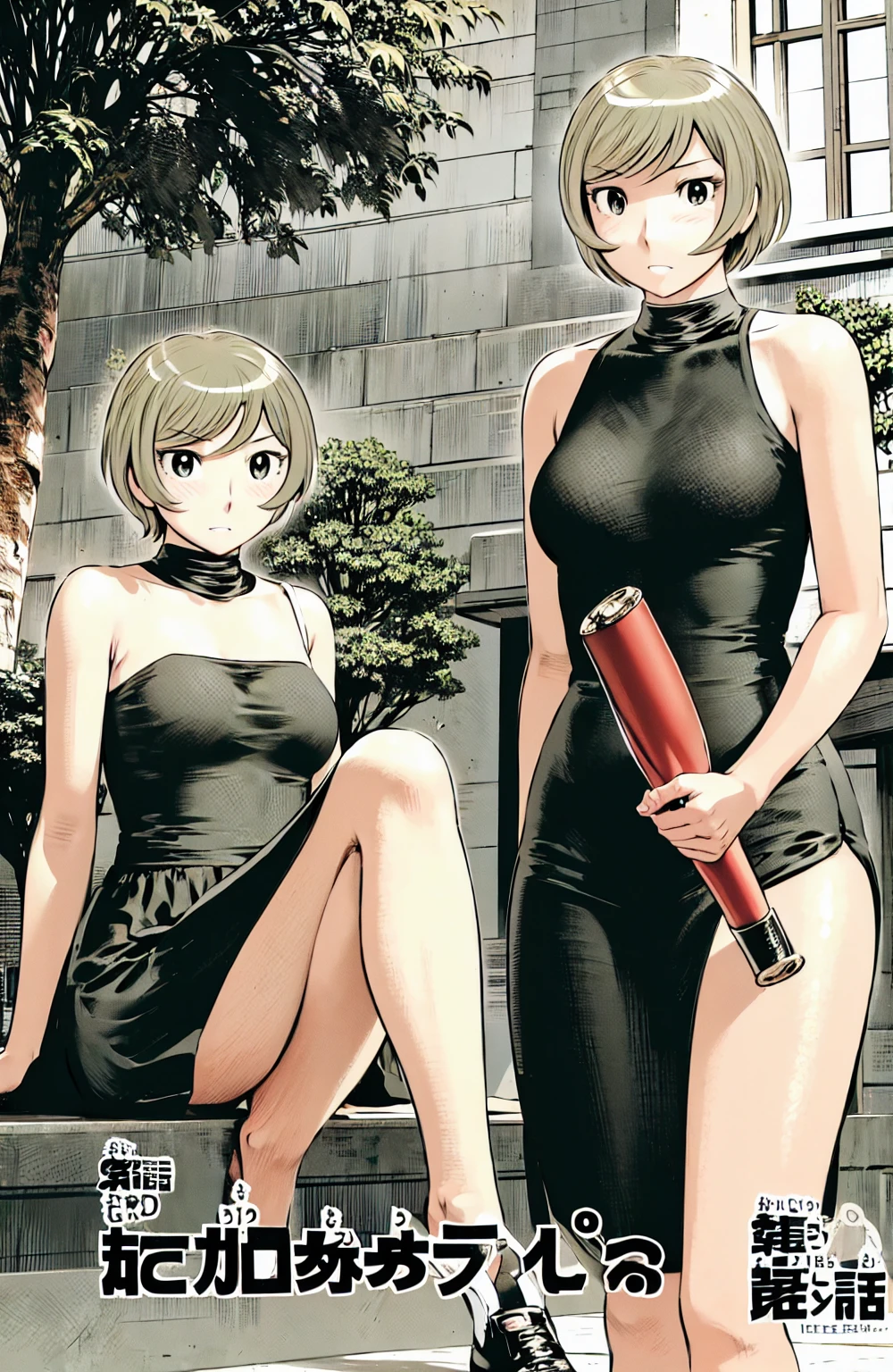 、(masterpiece、Highest quality)、Highest quality, Ultra-high resolution, (((masterpiece))), alone, Sweat、Big eyes,  No sleeve、Outdoor、Floral dress、Composition from the front、（Cut the back hair short、short hair、blonde、woman）、Shortcuts、Embarrassed face、Cut your hair short、可愛いwomanの子、Big Breasts
