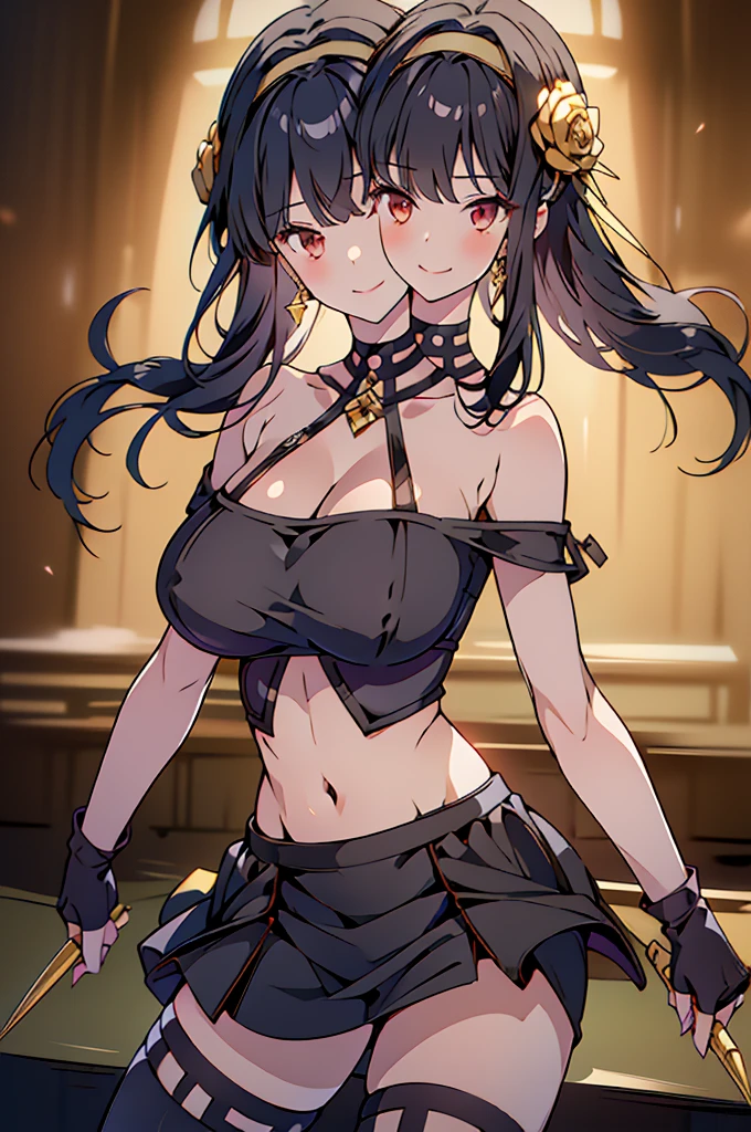 (masterpiece, best quality), best resolution, (3heads:1.5), 1girl, yor briar cosplay, bare shoulders, black crop top, black skirt, black gloves, black hair, blood, blood on face, blood on weapon, breasts, miniskirt, earrings, fingerless gloves, floating hair, gloves, gold earrings, gold hairband, hair flower, hair ornament, hairband, holding, holding weapon, jewelry, long hair, looking at viewer, off-shoulder dresscrop topent smile, convention center parking lot, cowboy shot, huge tits, open belly, exposed midriff