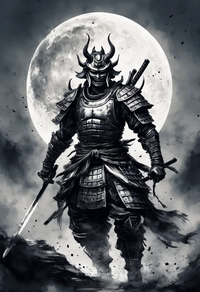 Black and white painting,Ink Painting,Warrior,(hannya face mask,samurai armor),(Helmet with Moon Symbol),(spread legs,Recreate the scene of raising the sword to attack the enemy.),Draw a circle with brush splashes,