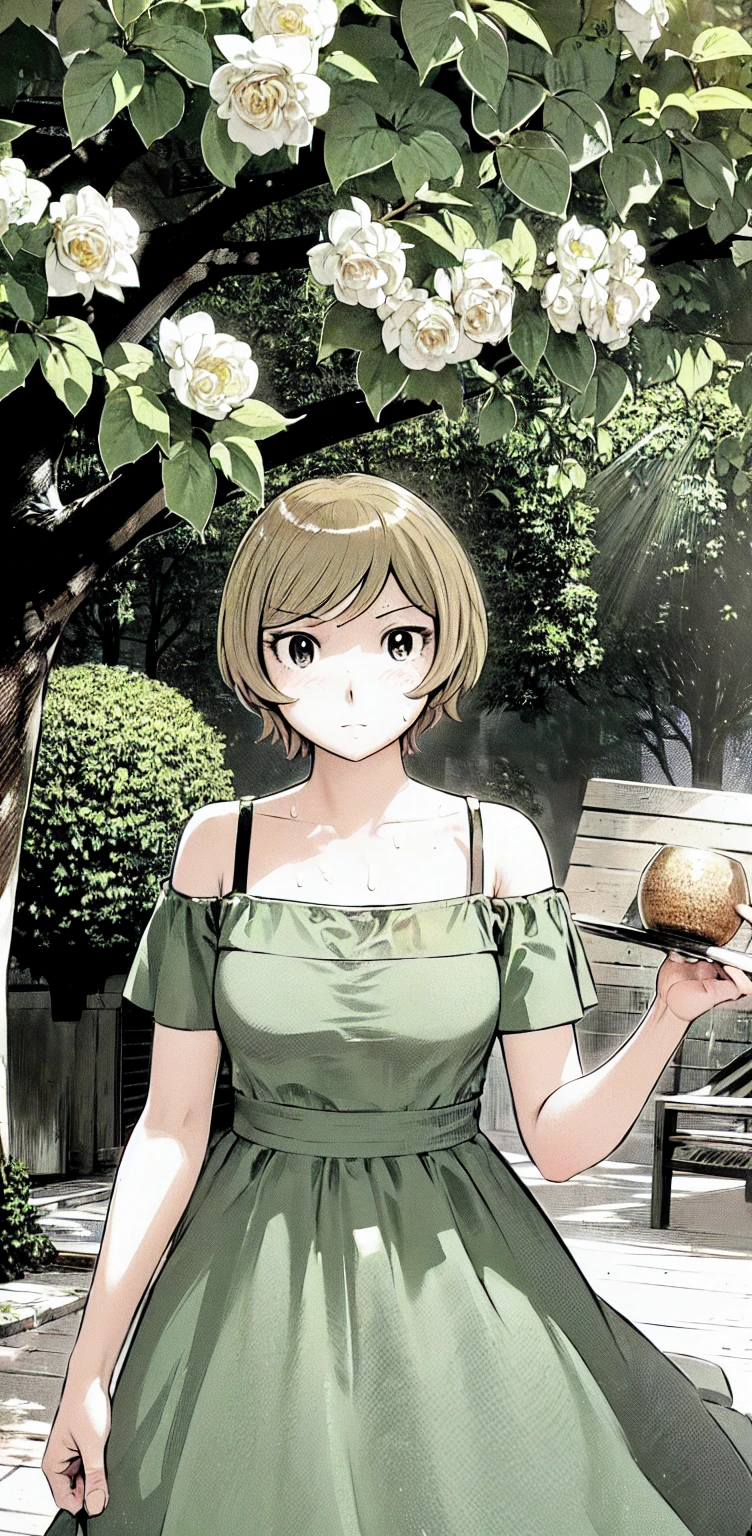 、(masterpiece、Highest quality)、Highest quality, Ultra-high resolution, (((masterpiece))), alone, Sweat、Big eyes,Show Viewer, 
blonde,(short hair:1.2), (Highest quality:1.3),One Girl,Private Server、Floral dress、nature、Off the shoulder、Embarrassed face