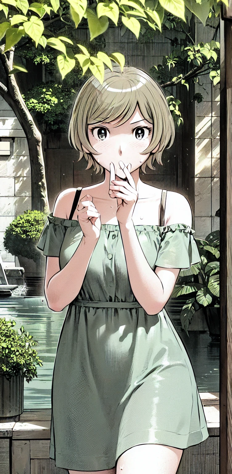 、(masterpiece、Highest quality)、Highest quality, Ultra-high resolution, (((masterpiece))), alone, Sweat、Big eyes,Show Viewer,
blonde,(short hair:1.2), (Highest quality:1.3),One Girl,Private Server、Floral dress、nature、Off the shoulder、Embarrassed face