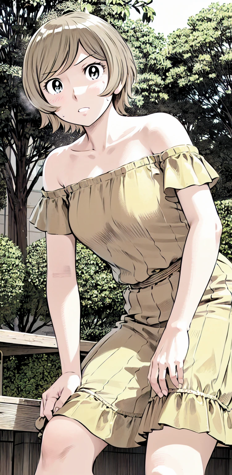 、(masterpiece、Highest quality)、Highest quality, Ultra-high resolution, (((masterpiece))), alone, Sweat、Big eyes,Show Viewer,
blonde,(short hair:1.2), (Highest quality:1.3),One Girl,Private Server、Floral dress、nature、Off the shoulder、Embarrassed face