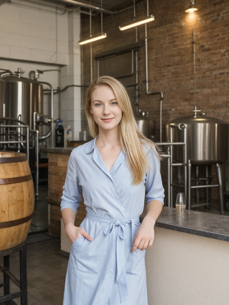 her name is Marie, high quality, 1girl, ((20-year-old fit Caucasian woman)), ((20 years old)), ((fit)), ((pale skin tone)), medium length straight blonde hair , wearing Pastel Lavender Linen Wrap Dress, pose: standing, background: Highlight the inviting ambiance of a local brewery's taproom, with exposed brick walls, long communal tables, and the aroma of hops and malt blending with the hum of conversation.