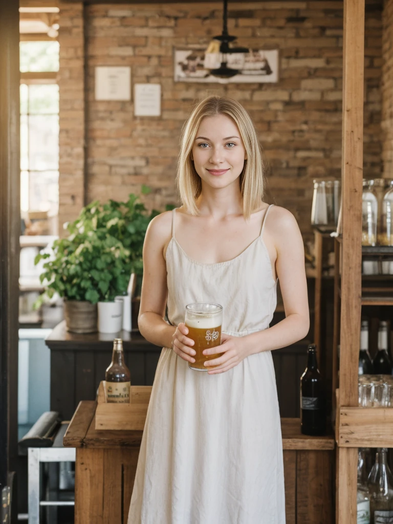 her name is Marie, high quality, 1girl, ((20-year-old fit Caucasian woman)), ((20 years old)), ((fit)), ((pale skin tone)), medium length straight blonde hair , wearing Pastel Lavender Linen Wrap Dress, pose: standing, background: Highlight the inviting ambiance of a local brewery's taproom, with exposed brick walls, long communal tables, and the aroma of hops and malt blending with the hum of conversation.