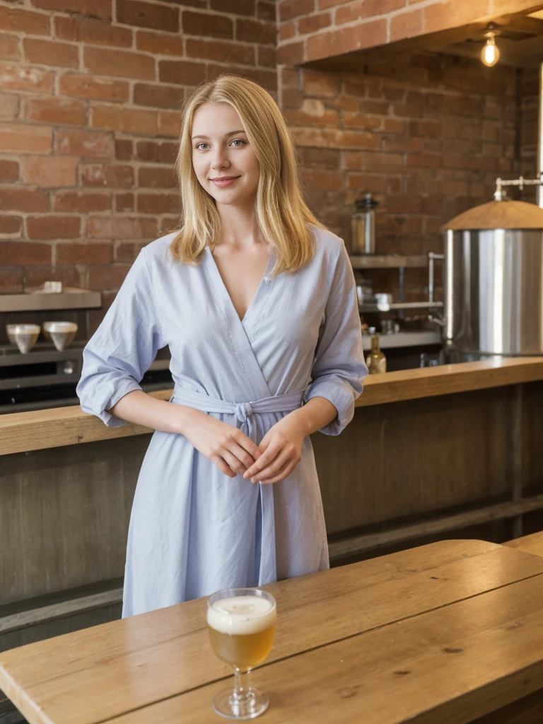 her name is Marie, high quality, 1girl, ((20-year-old fit Caucasian woman)), ((20 years old)), ((fit)), ((pale skin tone)), medium length straight blonde hair , wearing Pastel Lavender Linen Wrap Dress, pose: standing, background: Highlight the inviting ambiance of a local brewery's taproom, with exposed brick walls, long communal tables, and the aroma of hops and malt blending with the hum of conversation.