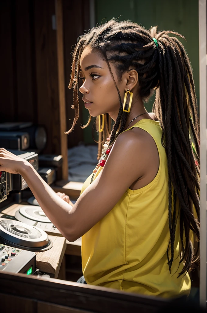 A bar in kingston jamaica, avec de beaux hommes et filles rasta avec dreadlocks dancind dans le bar, While the bartender behind is bar looking at the camera... High-quality details and clean and lively astmosphere. No attitude, details mains et proportion dans l'image. Barmaid plus mature, pas les doigt dans le verre...