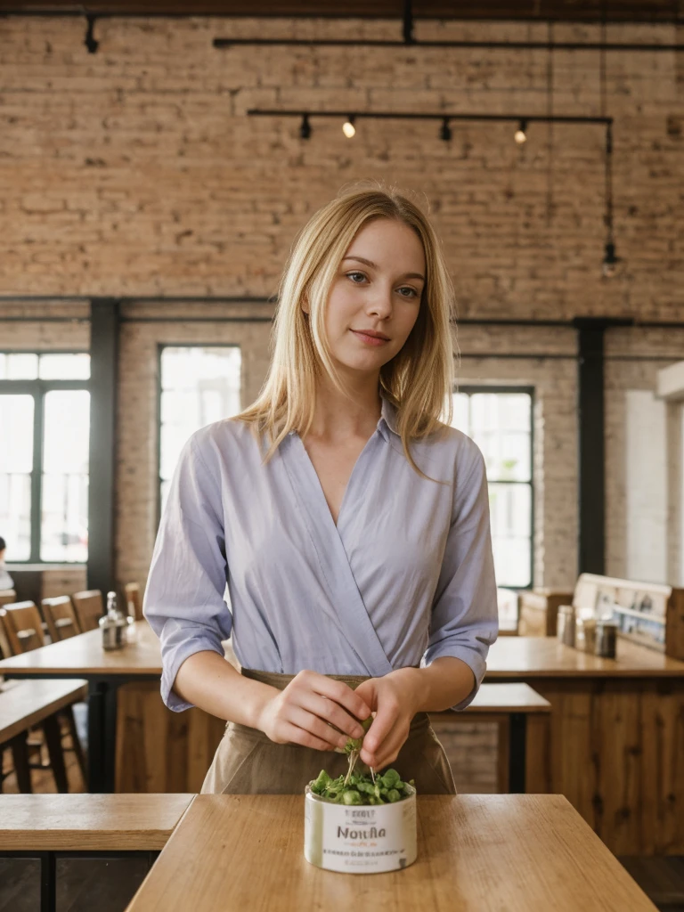 her name is Marie, high quality, 1girl, ((20-year-old fit Caucasian woman)), ((20 years old)), ((fit)), ((pale skin tone)), medium length straight blonde hair , wearing Pastel Lavender Linen Wrap Dress, pose: standing, background: Highlight the inviting ambiance of a local brewery's taproom, with exposed brick walls, long communal tables, and the aroma of hops and malt blending with the hum of conversation.
